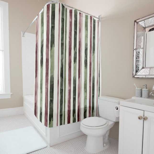 Burgundy Red Green Cream Stripes Christmas Duschvorhang (Beispiel)