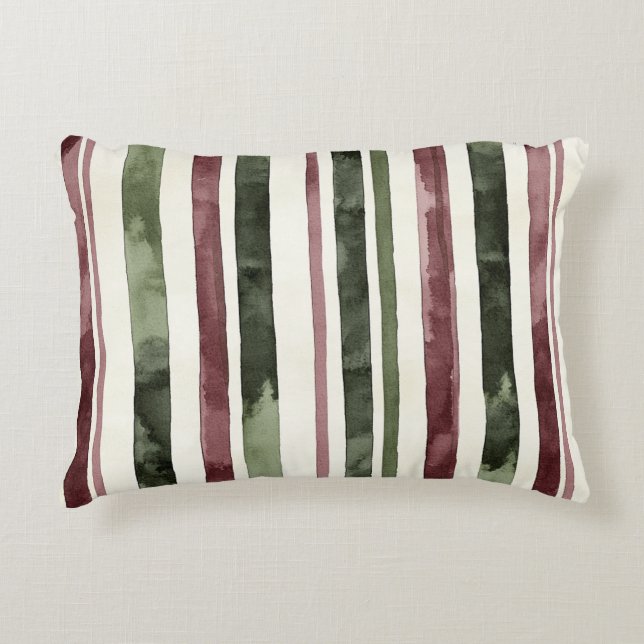 Burgundy Red Green Cream Stripes Christmas Floral Dekokissen (Vorderseite)