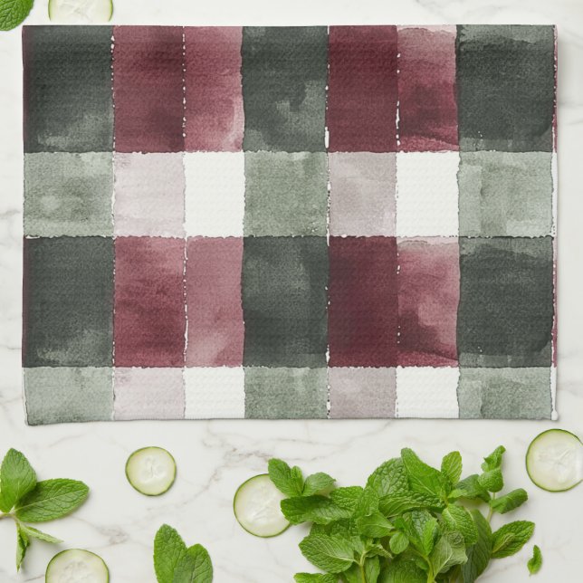 Burgundy Red Green Cream Weiße Karierte Streifen Geschirrtuch (Gefaltet)