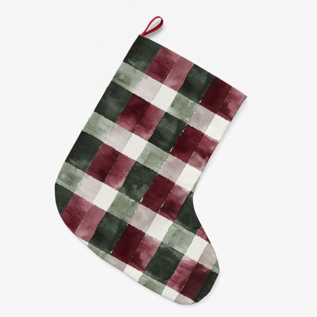 Burgundy Red Green Cream Weiße Karierte Streifen Großer Weihnachtsstrumpf (Vorderansicht (hängend))