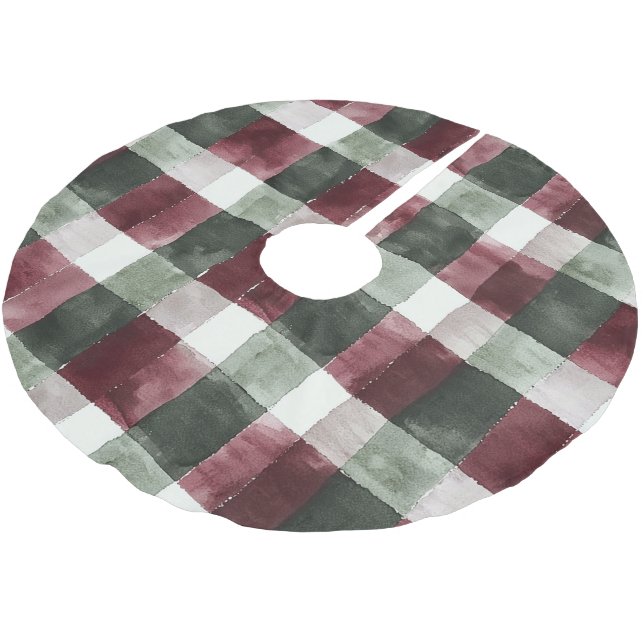 Burgundy Red Green Cream Weiße Karierte Streifen Polyester Weihnachtsbaumdecke (Schrägansicht)