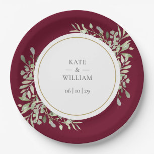 Burgundy Red Greenery Floral Wedding Pappteller