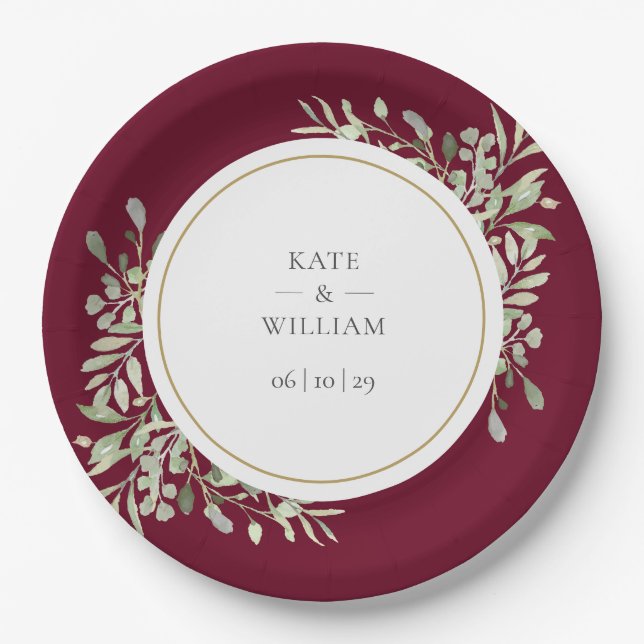 Burgundy Red Greenery Floral Wedding Pappteller (Vorderseite)