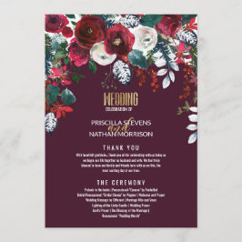 Burgundy Red Ivory Floral Arrangement Gold Wedding Programm
