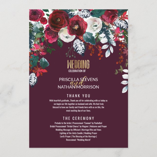 Burgundy Red Ivory Floral Arrangement Gold Wedding Programm (Vorderseite)