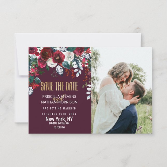 Burgundy Red Ivory Floral Arrangement Gold Wedding Save The Date (Vorderseite)