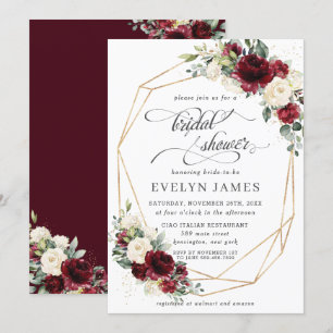 Burgundy Red Ivory Floral Brautparty Geometric  Einladung