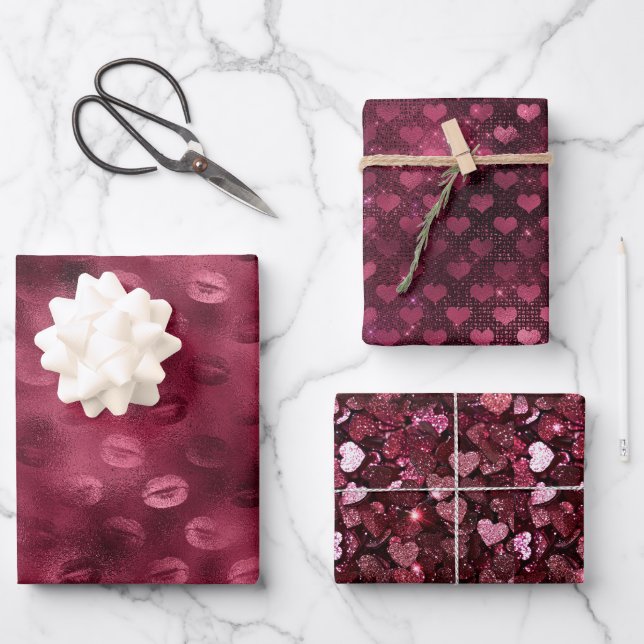Burgundy Red Kisses Lips Hearts Bridal Shower Love Geschenkpapier Set (Vorderseite)