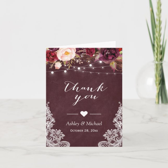 Burgundy Red Lace Floral String Lights Vielen Dank Dankeskarte (Vorderseite)