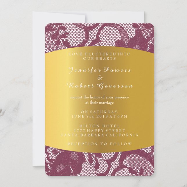 Burgundy Red Lace Gold Wedding Royal Einladung (Vorderseite)