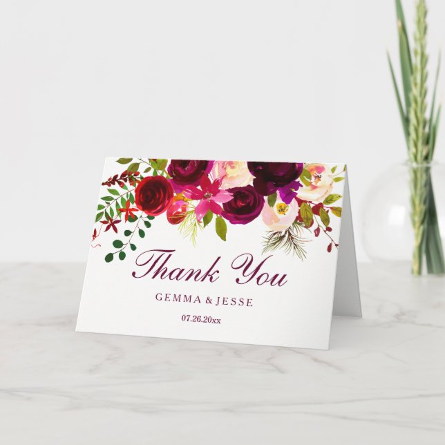 Burgundy Red Lila Floral Boho Wedding Vielen Dank Dankeskarte (Vorderseite)