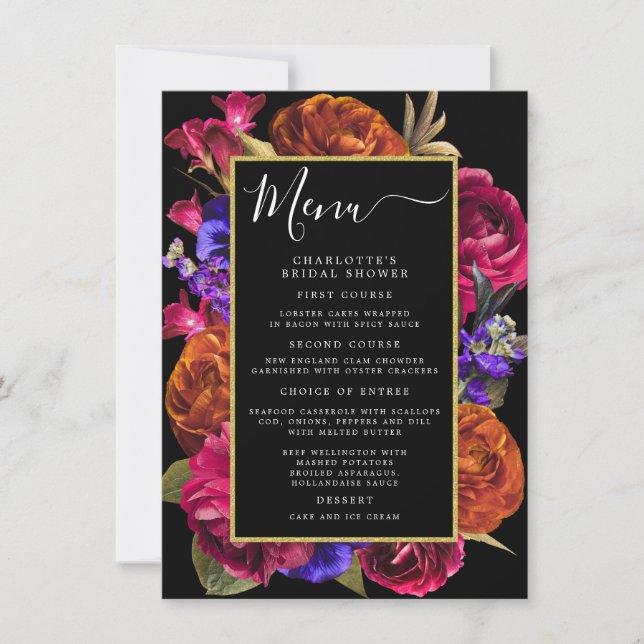 Burgundy Red Lila Orange Floral Menu Einladung (Vorderseite)