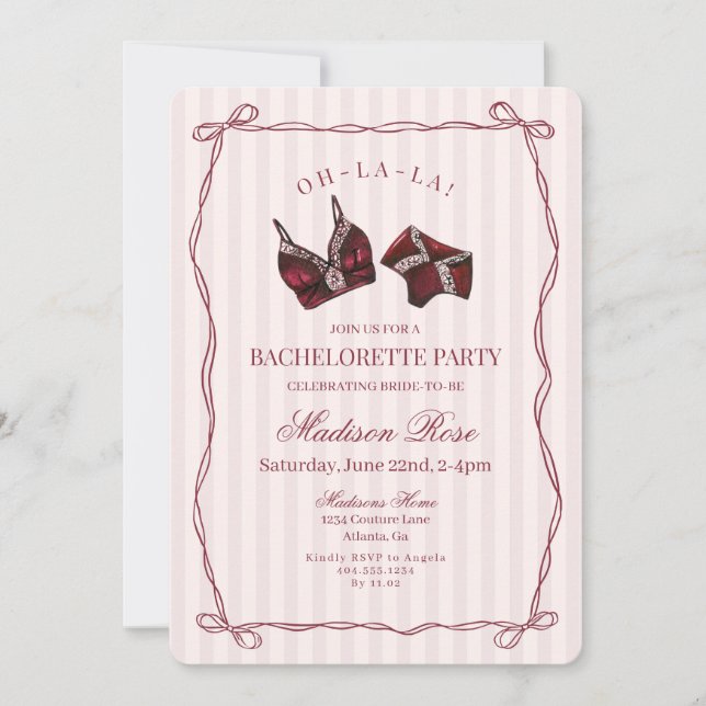 Burgundy Red Lingerie Lace Bachelorette Party Einladung (Vorderseite)