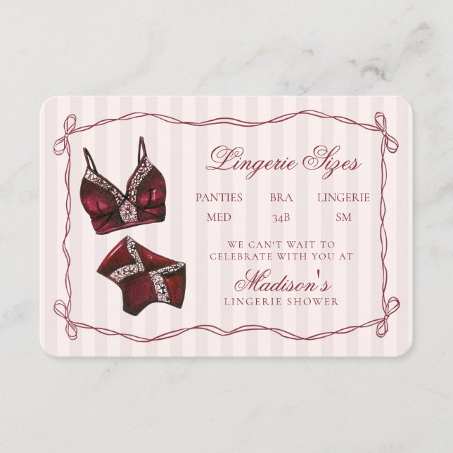Burgundy Red Lingerie Sizes Shower Bow Begleitkarte (Vorderseite)