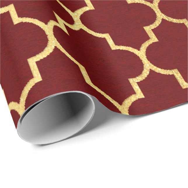 Burgundy Red Maroon Golden Quatrefolie Geschenkpapier (Rolleneckpunkt)