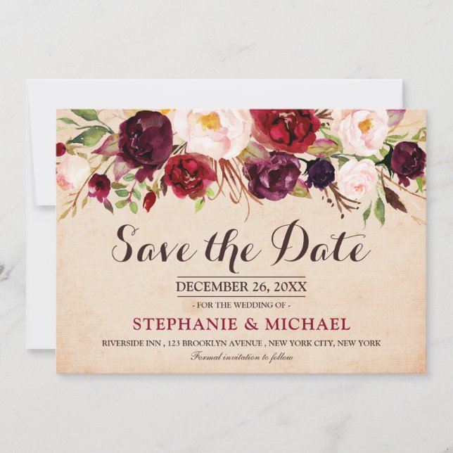 Burgundy Red Marsala Floral Boho Save the Date (Vorderseite)