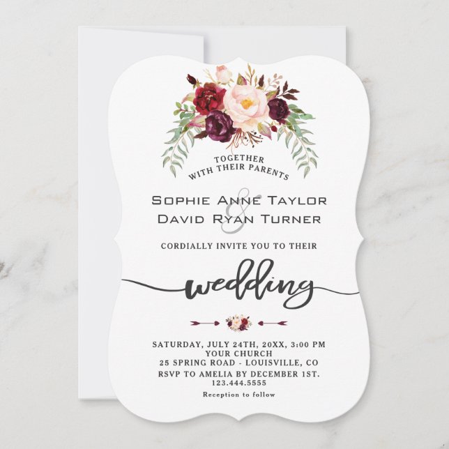 Burgundy Red Marsala Floral Handwriting Wedding Einladung (Vorderseite)