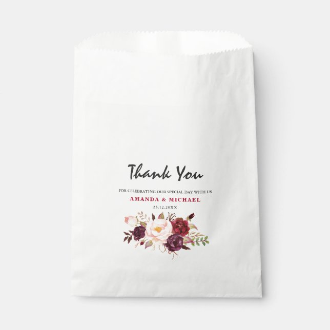 Burgundy Red Marsala Floral Rustic Boho Hochzeit Geschenktütchen (Vorderseite)