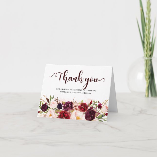 Burgundy Red Marsala Floral Rustic Boho Vielen Dan Dankeskarte (Vorderseite)