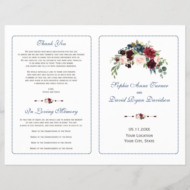 Burgundy Red Marsala Floral Wedding Program Flyer (Vorne)