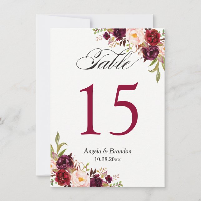 Burgundy Red Marsala Floral Wedding Tischnummer (Vorderseite)