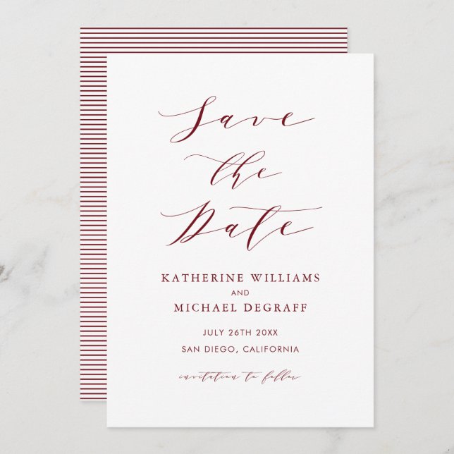 Burgundy Red Minimalistisch Dainty Script Save The Date (Vorne/Hinten)