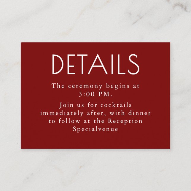 Burgundy Red Modern Minimalist Wedding Details Begleitkarte (Vorderseite)
