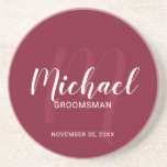Burgundy Red Modern Script Personalisierte Trauzeu Getränkeuntersetzer<br><div class="desc">Fügen Sie Ihrer Hochzeit eine persönliche Touch mit personalisierten Trauzeugen Untersetzer hinzu. Dieser Untersetzer zeichnet sich durch den Namen personalisierter Trauzeugen im modernen, weißen Skript-Schriftart-Stil und Monogramm in hellroten modernen Drehbuch-Schriftart-Stil als Hintergrund mit Titel und Hochzeitdatum in weiß modernen Sans Serif Schriftart Stil auf burgundy roten Hintergrund. Auch perfekt für...</div>