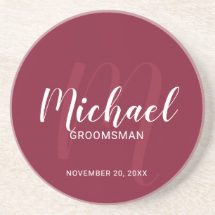 Burgundy Red Modern Script Personalisierte Trauzeu Getränkeuntersetzer
