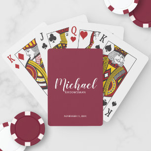 Burgundy Red Modern Script Personalisierte Trauzeu Spielkarten