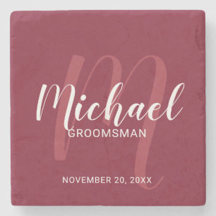 Burgundy Red Modern Script Personalisierte Trauzeu Steinuntersetzer