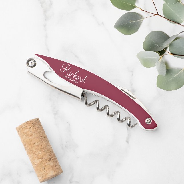 Burgundy Red Modern Script Personalisierter Trauze Kellnermesser (Von Creator hochgeladen)
