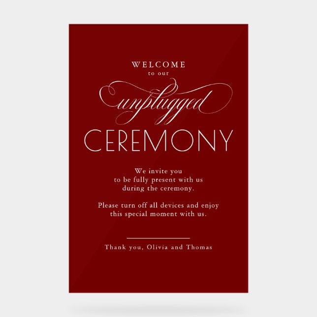 Burgundy Red Modern Script Unplugged Ceremony  Acrylschild (Vorderseite)