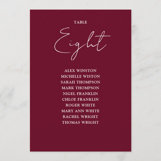 Burgundy Red Modern Seating Chart Tischnummer (Vorderseite)