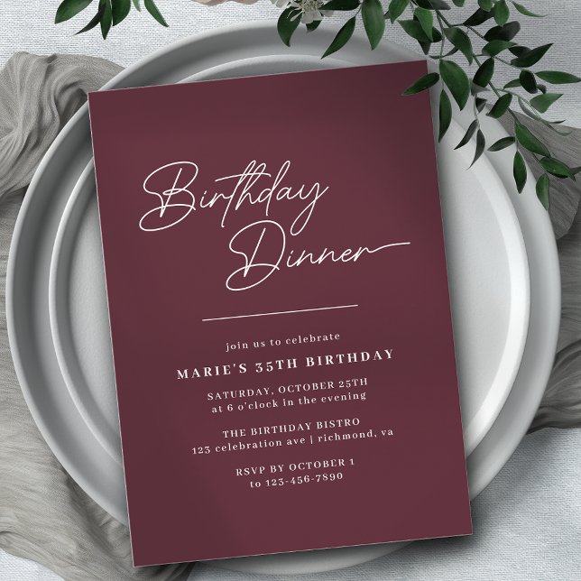 Burgundy Red Modern Simple Maroon Birthday Dinner Einladung (Von Creator hochgeladen)