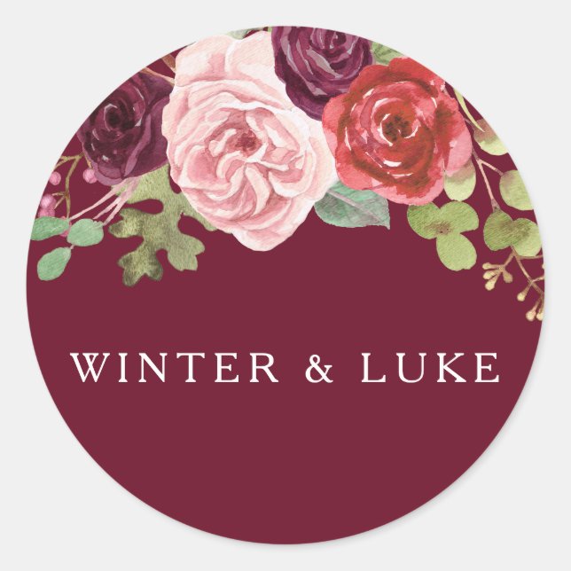 Burgundy Red Modern Wedding Names Gefallen Siegel Runder Aufkleber (Vorderseite)