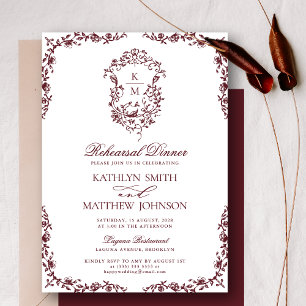Burgundy Red Monogram Vintag Probe Dinner Einladung