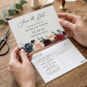 Burgundy Red Navy Bloral Wedding Save the Date Postkarte