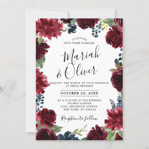 Burgundy Red Navy Blue Floral Boho Wedding Einladung