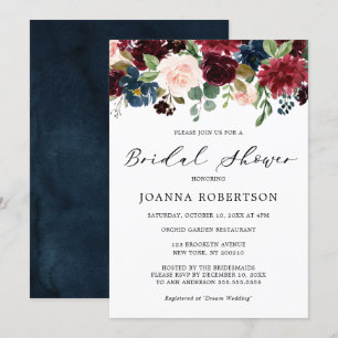 Burgundy Red Navy Blue Floral Brautparty Einladung