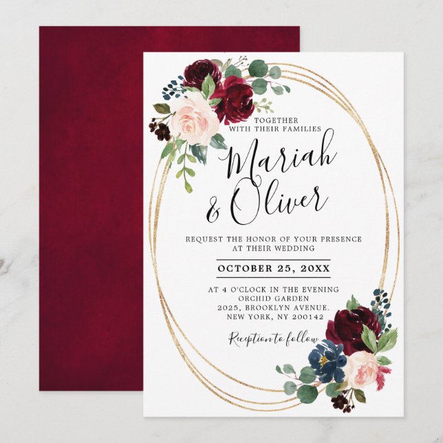 Burgundy Red Navy Blue Floral Geometric Wedding Einladung (Vorne/Hinten)