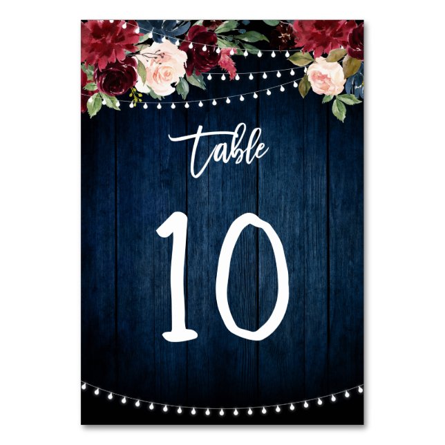 Burgundy Red Navy Blue Floral String Lights Tischnummer (Vorderseite)