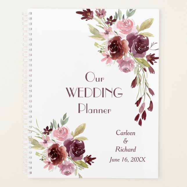 Burgundy Red Navy Blue Floral Wedding Planer (Vorderseite)