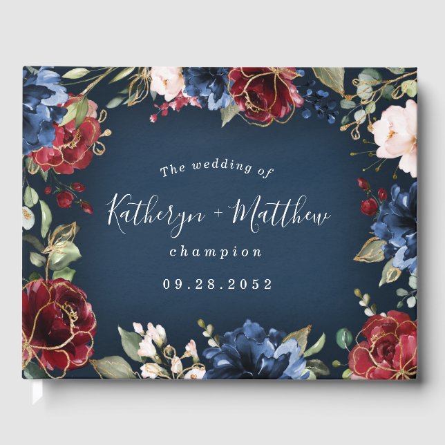 Burgundy Red Navy Blue Gold und Blush Pink Wedding Gästebuch (Vorderseite)
