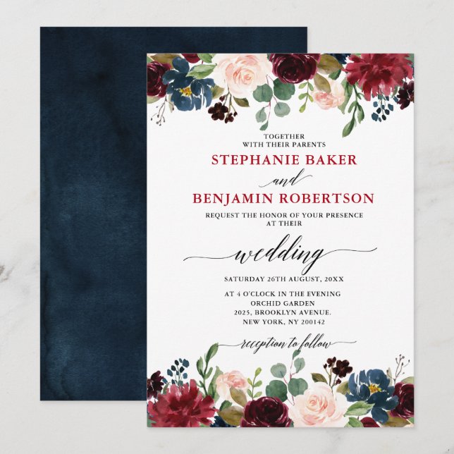 Burgundy Red Navy Blues Rustic Boho Hochzeit Einladung (Vorne/Hinten)