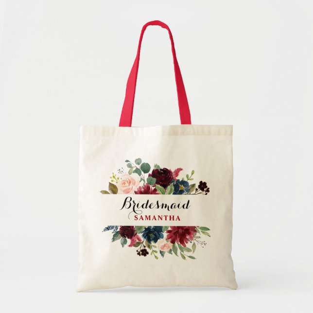 Burgundy Red Navy Floral Boho Bridesmaid Geschenk Tragetasche (Vorne)