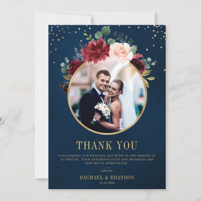 Burgundy Red Navy Floral Boho Wedding Foto Dankeskarte (Vorderseite)