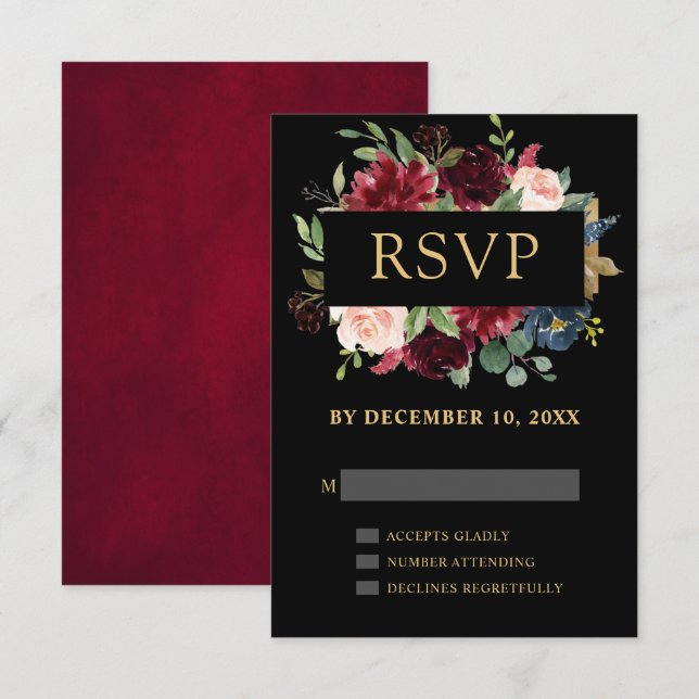Burgundy Red Navy Floral Boho Wedding RSVP (Vorne/Hinten)