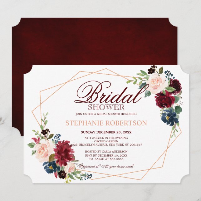Burgundy Red Navy Floral Geometric Brautparty Einladung (Vorne/Hinten)