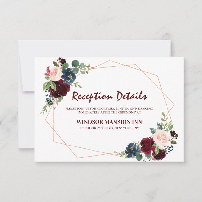 Burgundy Red Navy Floral Geometric Empfang Einladung (Vorderseite)
